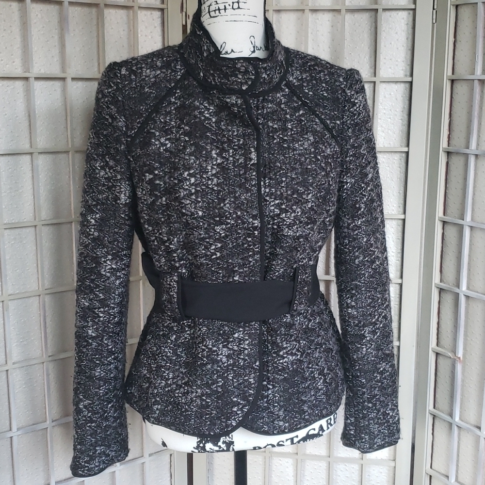Sandro sportwear black and gray tweed button down jacket with fabric tie…